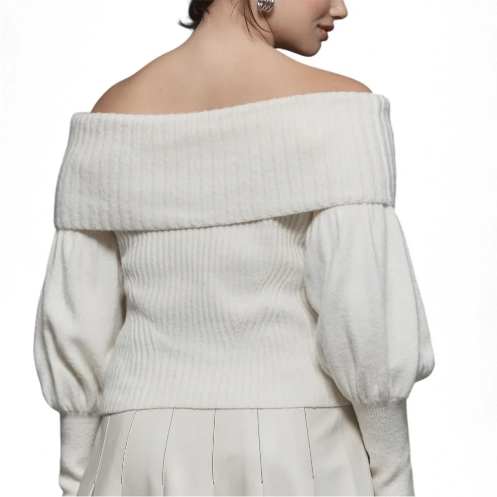 Anthropologie Tessa Off-The-Shoulder Puff-Sleeve Sweater Ivory Knit Plus Size - Picture 6 of 11